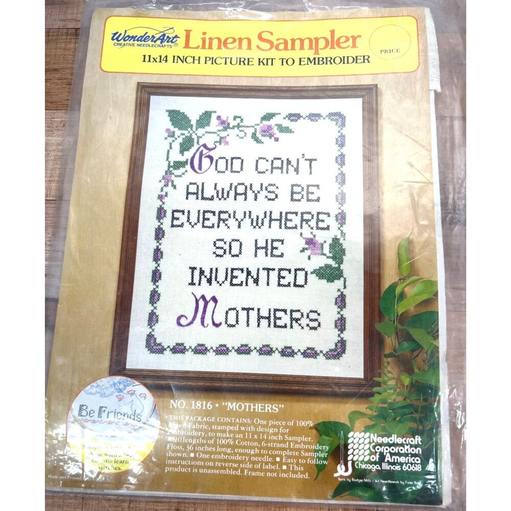 Wonderart Linen Sampler 11x14 Embroidery Kit "Mothers" Cotton Thread & Needle In